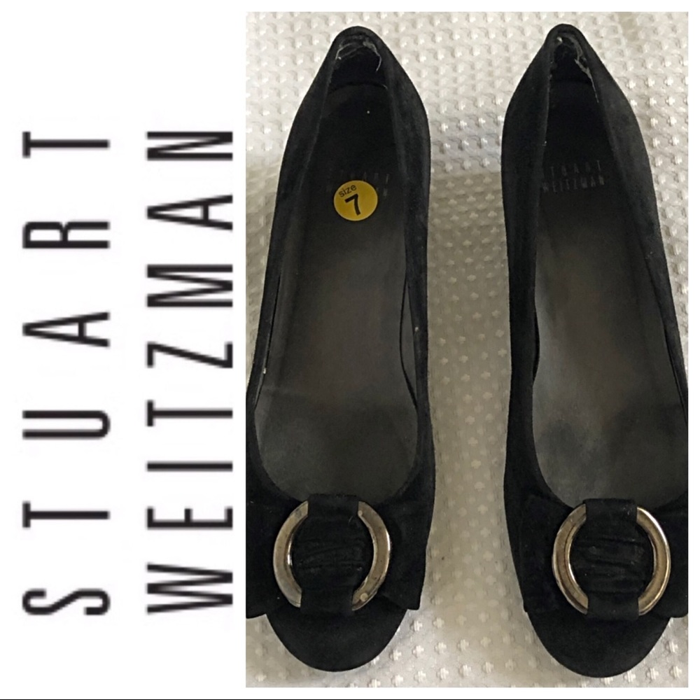 Stuart Weitzman low wedge black suede shoes Sz 7